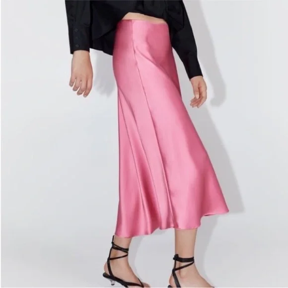 Zara Pink Asymmetric Midi Women’s Size Medium Maxi Satin Silk Finish Skit - Picture 7 of 7